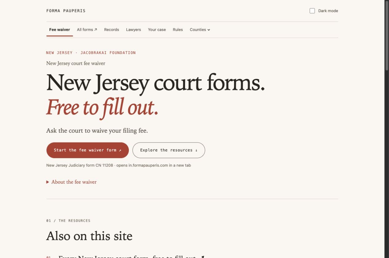 Forma Pauperis homepage, with a New Jersey court fee-waiver starting point and links to public legal resources.